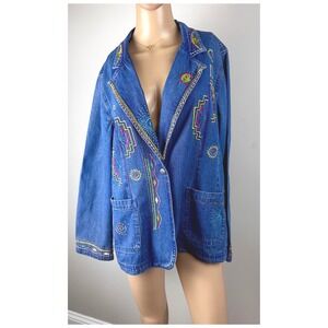 Two Twenty‎ Sz M Embroidered Denim Jacket Western Aztec Southwestern Jean Coat